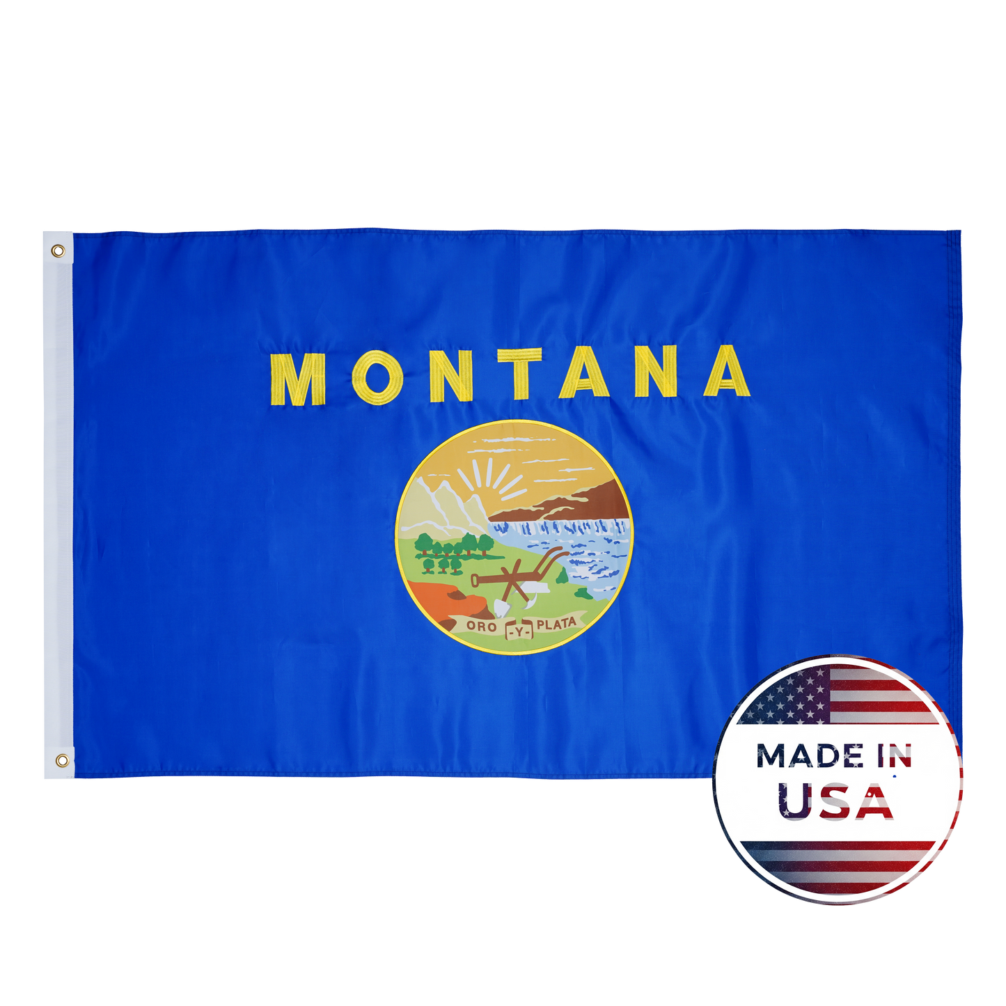 The Montana State Flag by Flag Stars Inc features a circular emblem and "Montana" text on a blue background, detailed with raised embroidery and a "100% Made in USA" badge in the bottom right corner.