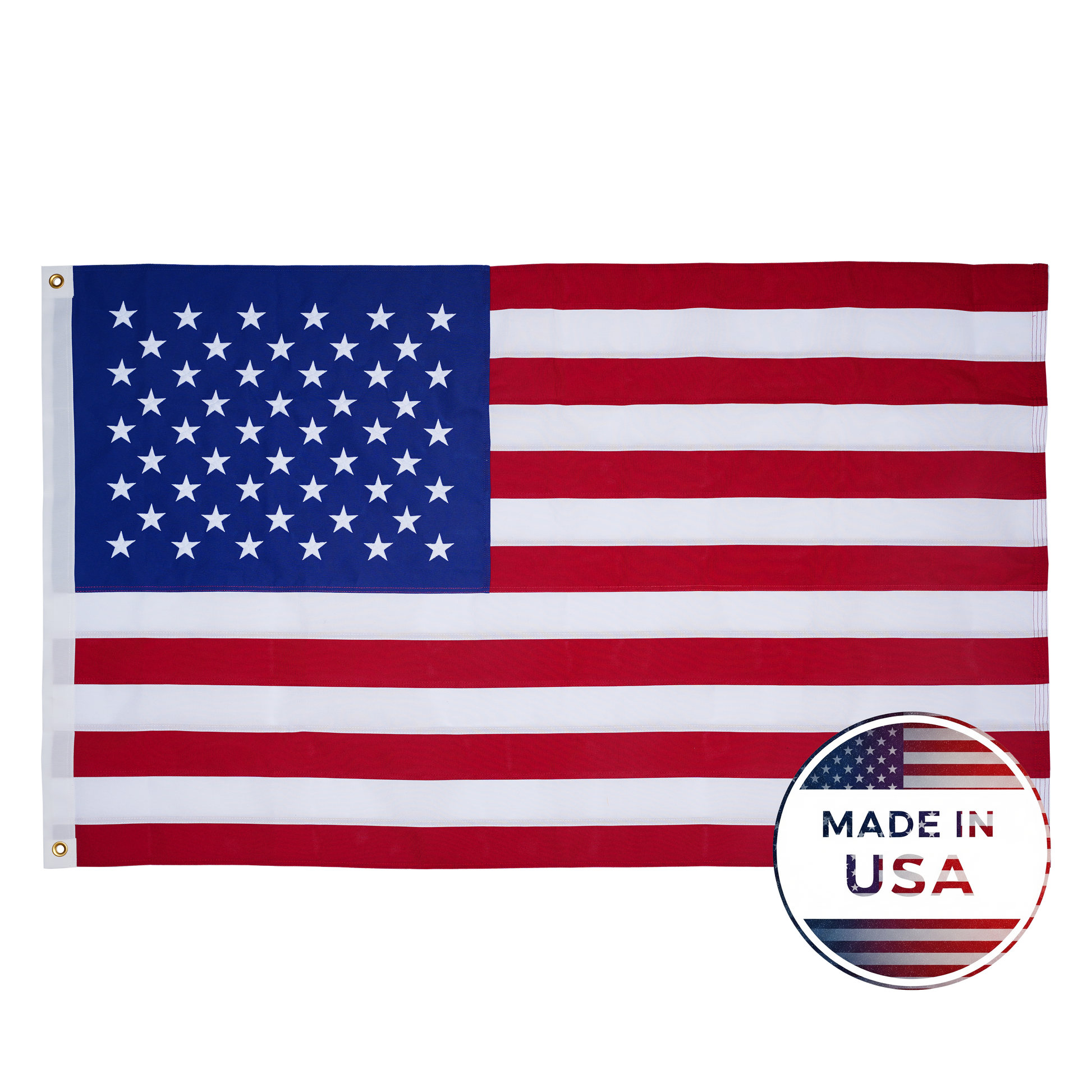 The Spun Poly American Flag by Flag Stars Inc features raised embroidery, a thick texture, and a circular "100% Made in USA" label in the bottom right corner.
