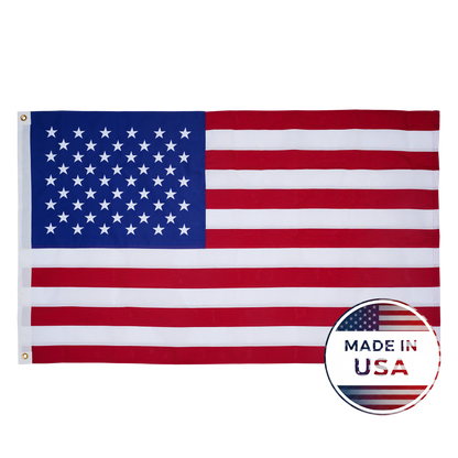 The Spun Poly American Flag by Flag Stars Inc features raised embroidery, a thick texture, and a circular "100% Made in USA" label in the bottom right corner.