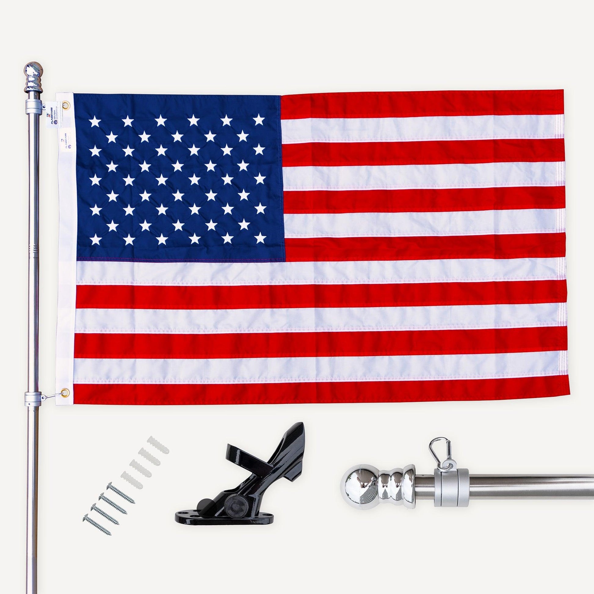 The AMERICAN FLAG SET - COMPLETE BUNDLE by The FlagStars showcases an adjustable aluminum flag pole, mount bracket, screws, and finial displayed on a plain background.