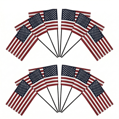 Poly Cotton US Stick Flag with Gloss Black Wood Stick - 12 Pack, Made in USA - FlagStars