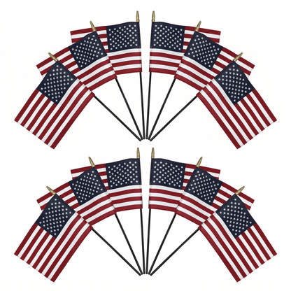 Poly Cotton US Stick Flag with Gloss Black Wood Stick - 12 Pack, Made in USA - FlagStars