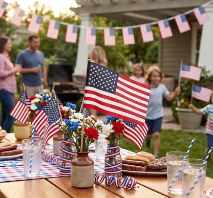 An outdoor gathering features a Flag Stars Inc Poly Cotton US Stick Flag with natural wood stick—Made in USA—decorating tables with food, drinks, and flowers, while polyester flag banners hang above and people celebrate in the background.
