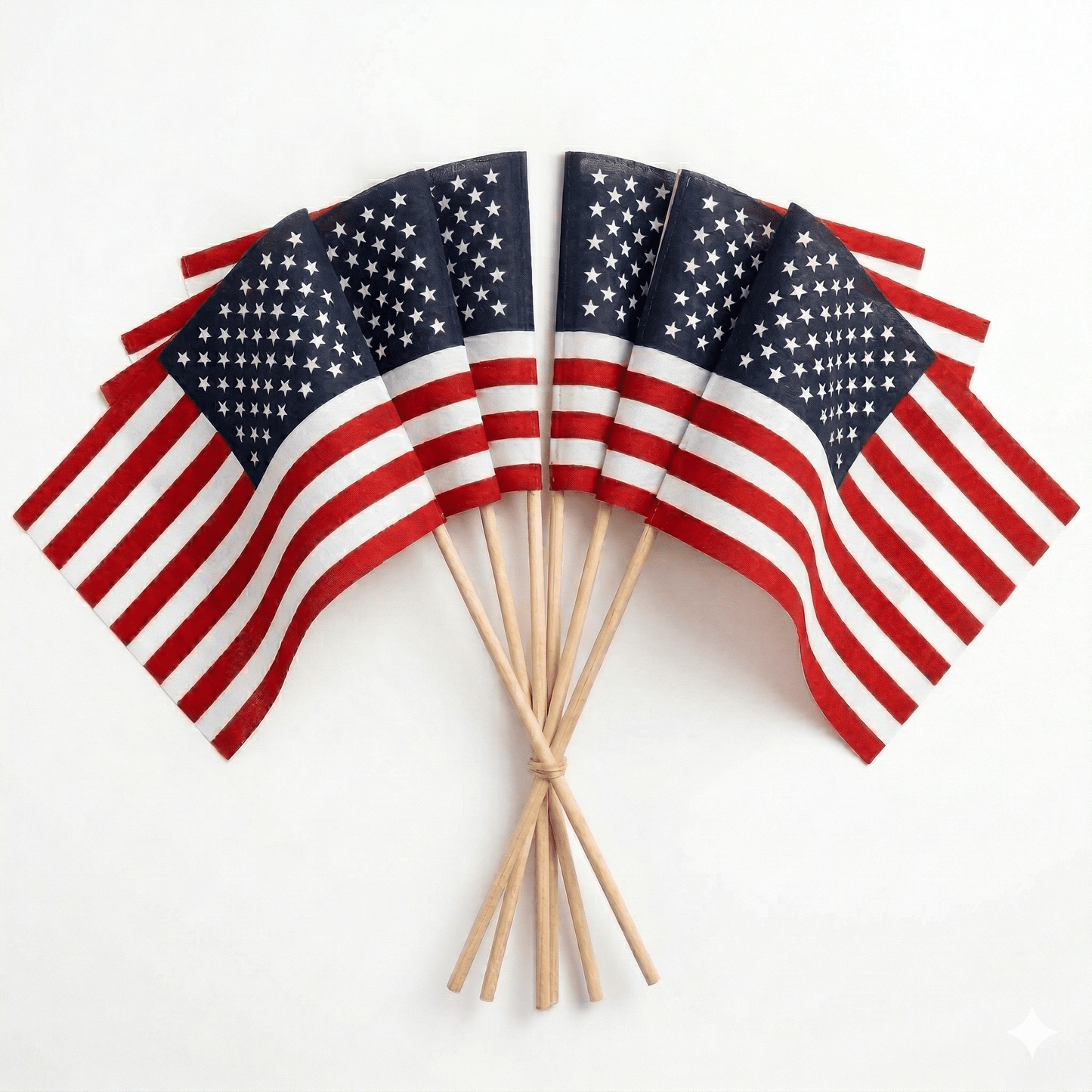 Seven Flag Stars Inc Poly Cotton US Stick Flags with natural wood sticks, made in the USA, are arranged in a fan shape against a white background, displaying vibrant and durable flags.
