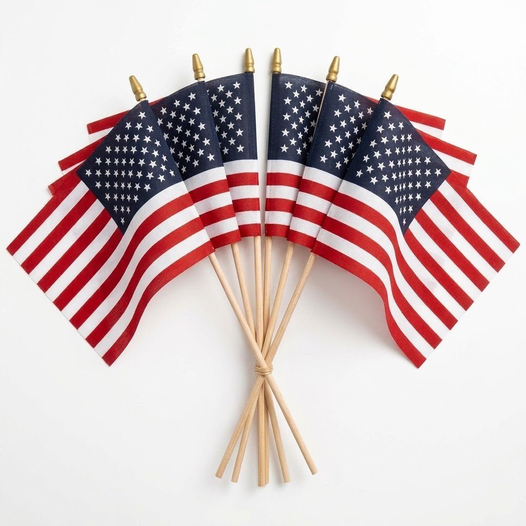 Seven Flag Stars Inc Poly Cotton US Stick Flags, each with a natural wood stick and made in the USA, are fanned out on a white background—ideal for parades or decorations.