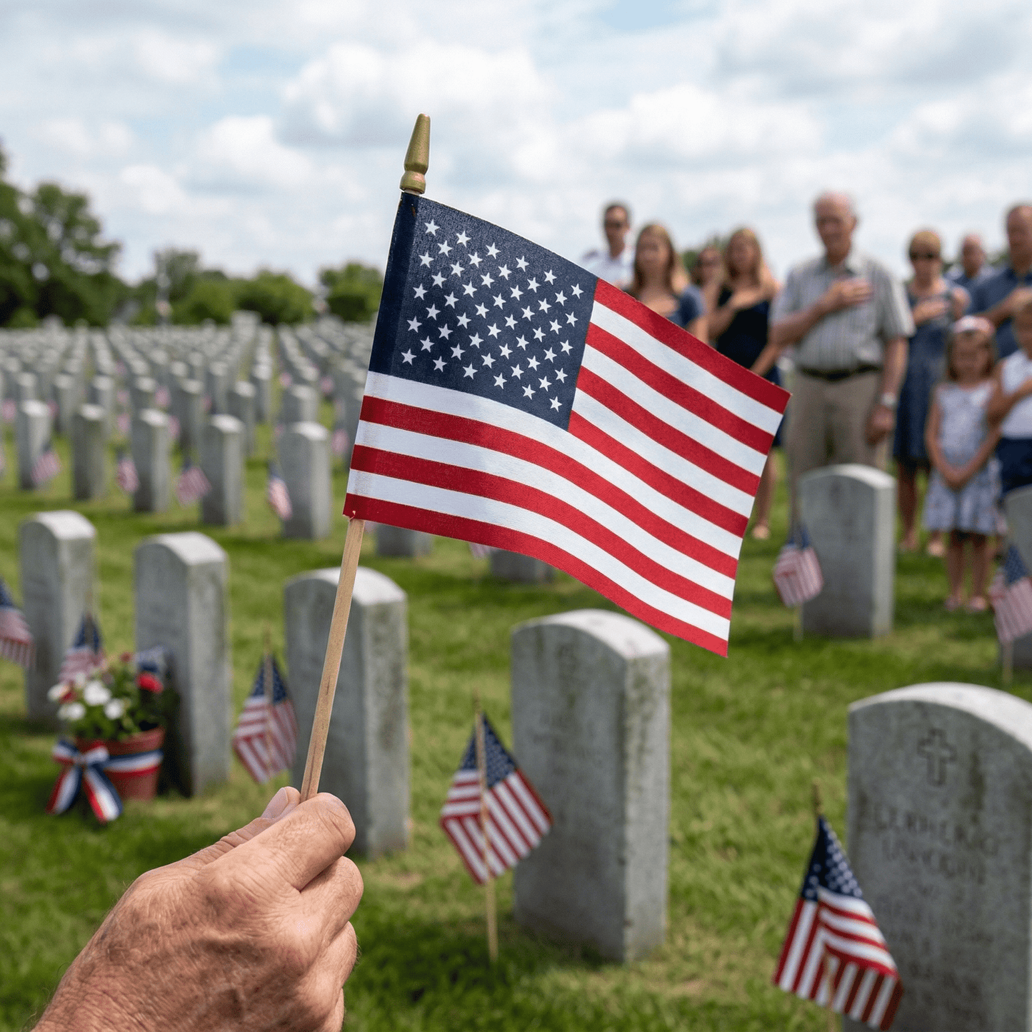 A person holds a Flag Stars Inc Poly Cotton US Stick Flag with Natural Wood Stick—Made in USA—in a cemetery with gravestones and flags, while a group stands in the background. Durable flags are visible throughout.
