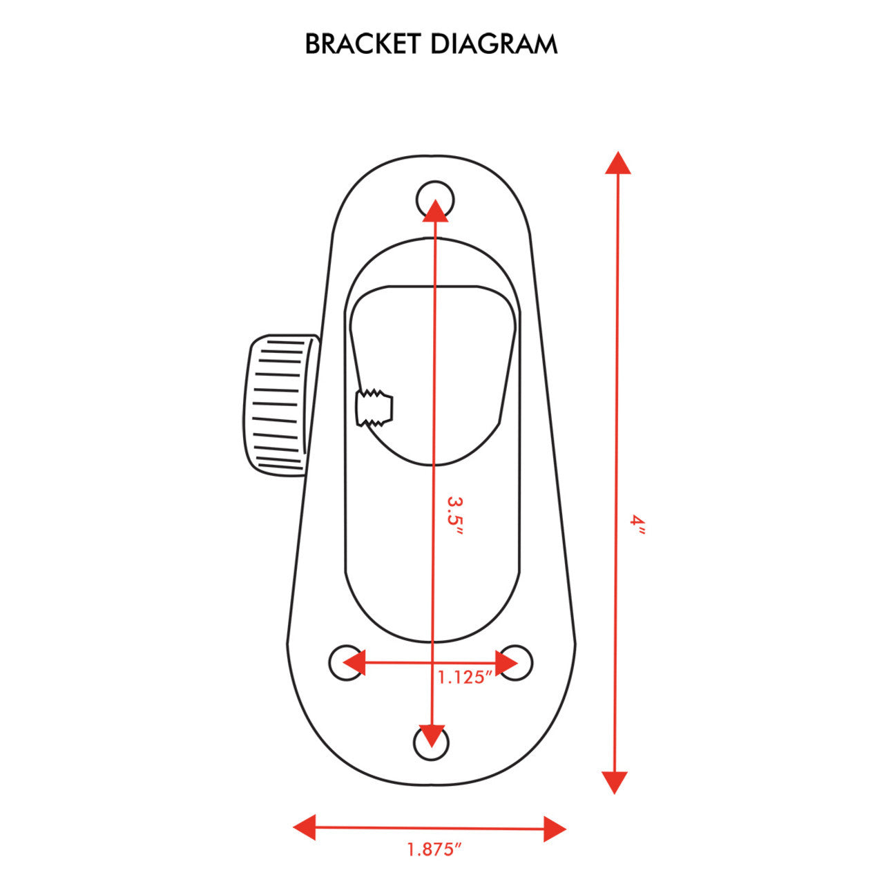 Illustration of a FLAG MOUNTING BRACKET diagram by The FlagStars with measurements in inches. The vertical length is 4 inches, the horizontal width is 1.875 inches, and the distances between screws are 3.5 inches and 1.125 inches. Designed for a durable flag mount, it ensures easy installation and features a weather-resistant finish.