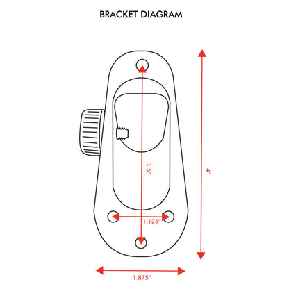 Illustration of a FLAG MOUNTING BRACKET diagram by The FlagStars with measurements in inches. The vertical length is 4 inches, the horizontal width is 1.875 inches, and the distances between screws are 3.5 inches and 1.125 inches. Designed for a durable flag mount, it ensures easy installation and features a weather-resistant finish.